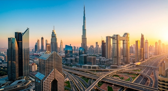 Vistas del horizonte de Dubái con el Burj Khalifa y rascacielos al atardecer