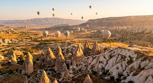 Globos aerostáticos sobre las formaciones rocosas de Capadocia al amanecer en Turquía
